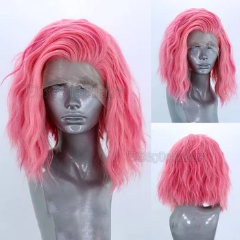 Pink Short Curly Wig 13x4 Lace Front Wigs for Women Bob Wave Synthetic Hair Natural Hairline Glueless Daily Wear Cosplay Wigs
