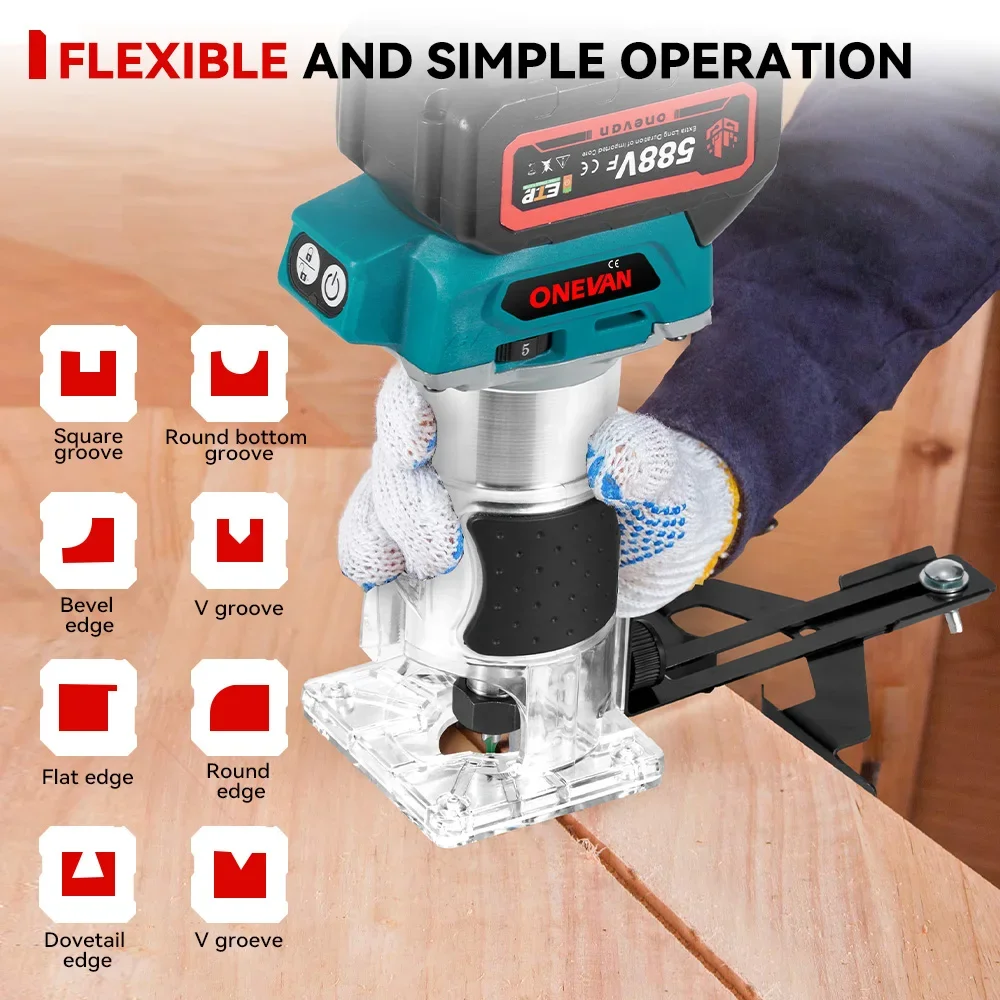 5 Speeds Brushless Electric Hand Trimmer 1600W Cordless Wood Router for Woodworking Engraving Slotting for 21V 18V Battery, wood router