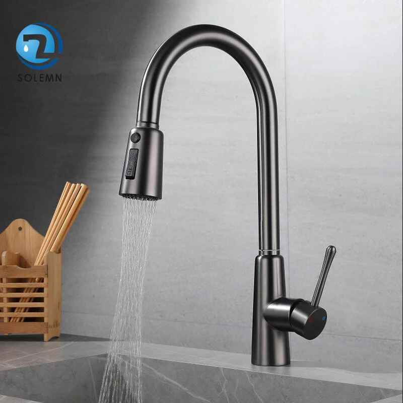 304 Stainless Steel Gun Ash Pull Type Kitchen Faucet Household Pressurized Universal Dish Wash Basin Cold And Hot Splash Proof F kitchen faucet universal joint anti splash head mouth wash dish basin can rotate pressurized shower