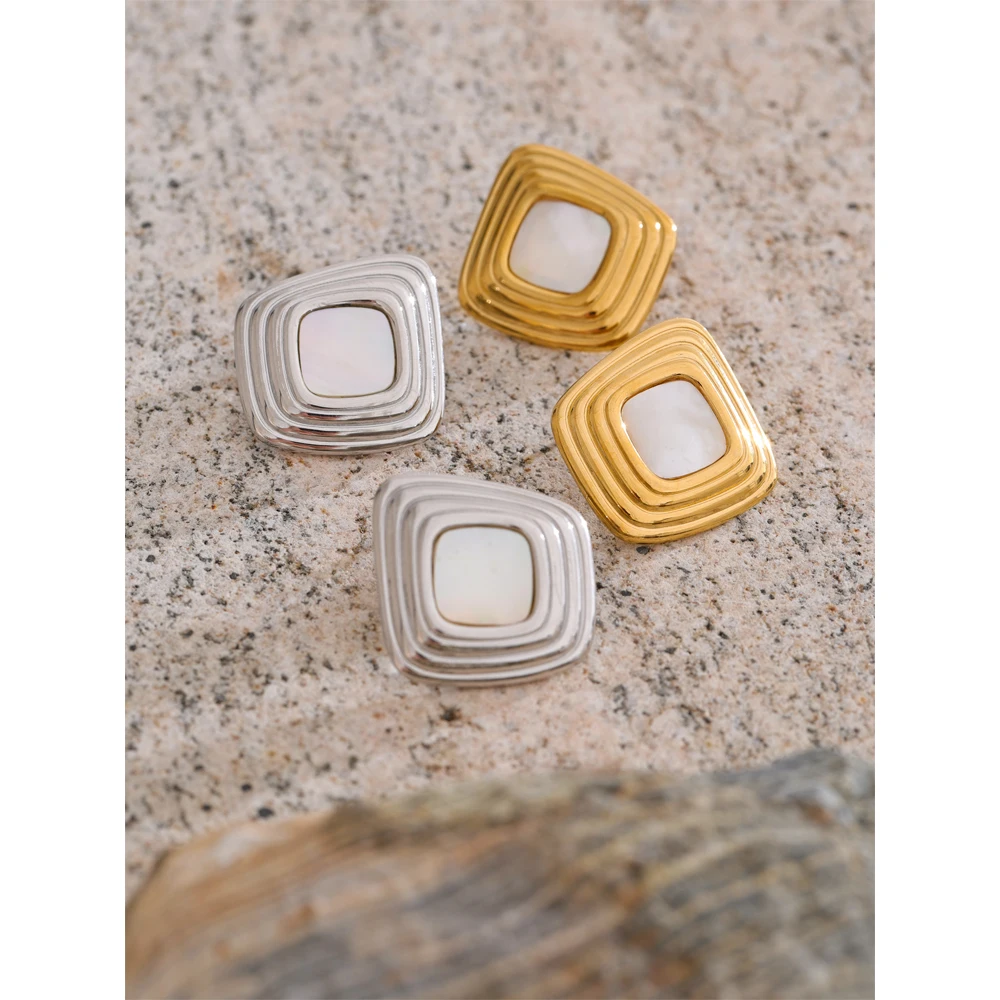 Yhpup Stainless Steel Shell Square Stud Earrings