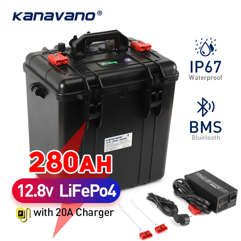 

12V 240Ah 280Ah LiFePO4 Battery Pack with Bluetooth BMS IP67 Waterproof 12.8V Lithium Iron Phosphate Batteries with 30A Charger