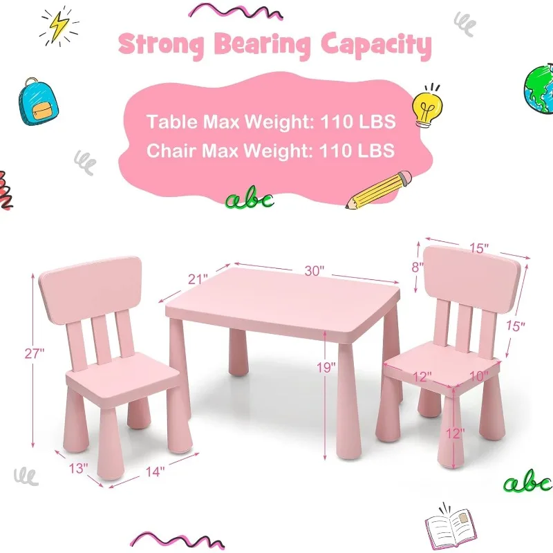 Kids Table and Chair Set, Plastic Children Activity Table and 2 Chairs for Art Craft, Easy-Clean Tabletop, 3-Piece Toddler