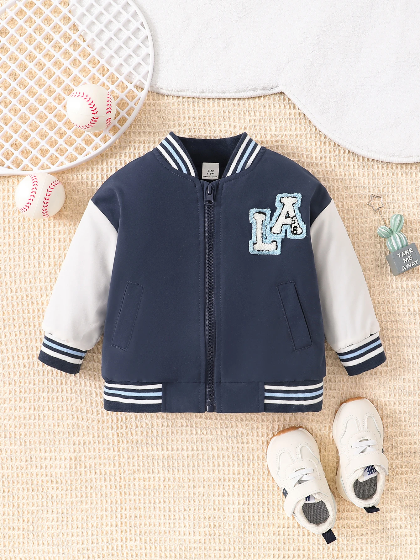 Baby Jacket spring and autumn zipper embroidered letter long sleeved fashionable jacket for infants and boys aged 1-3
