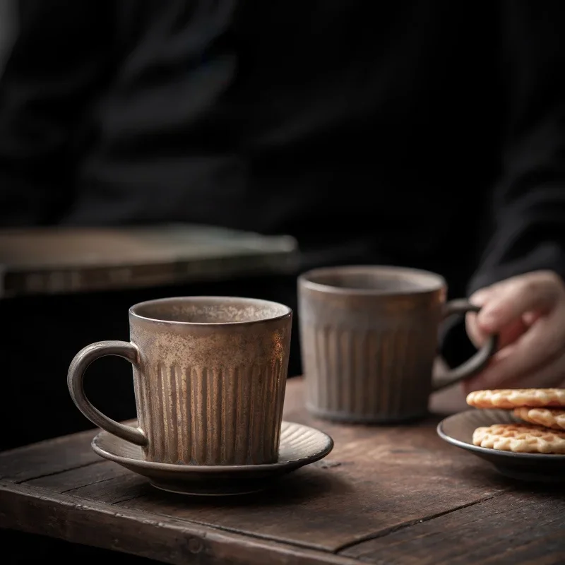 

Retro coffee cup set Japanese ceramic high-end with saucer ins wind handmade creative stoneware milk breakfast cup