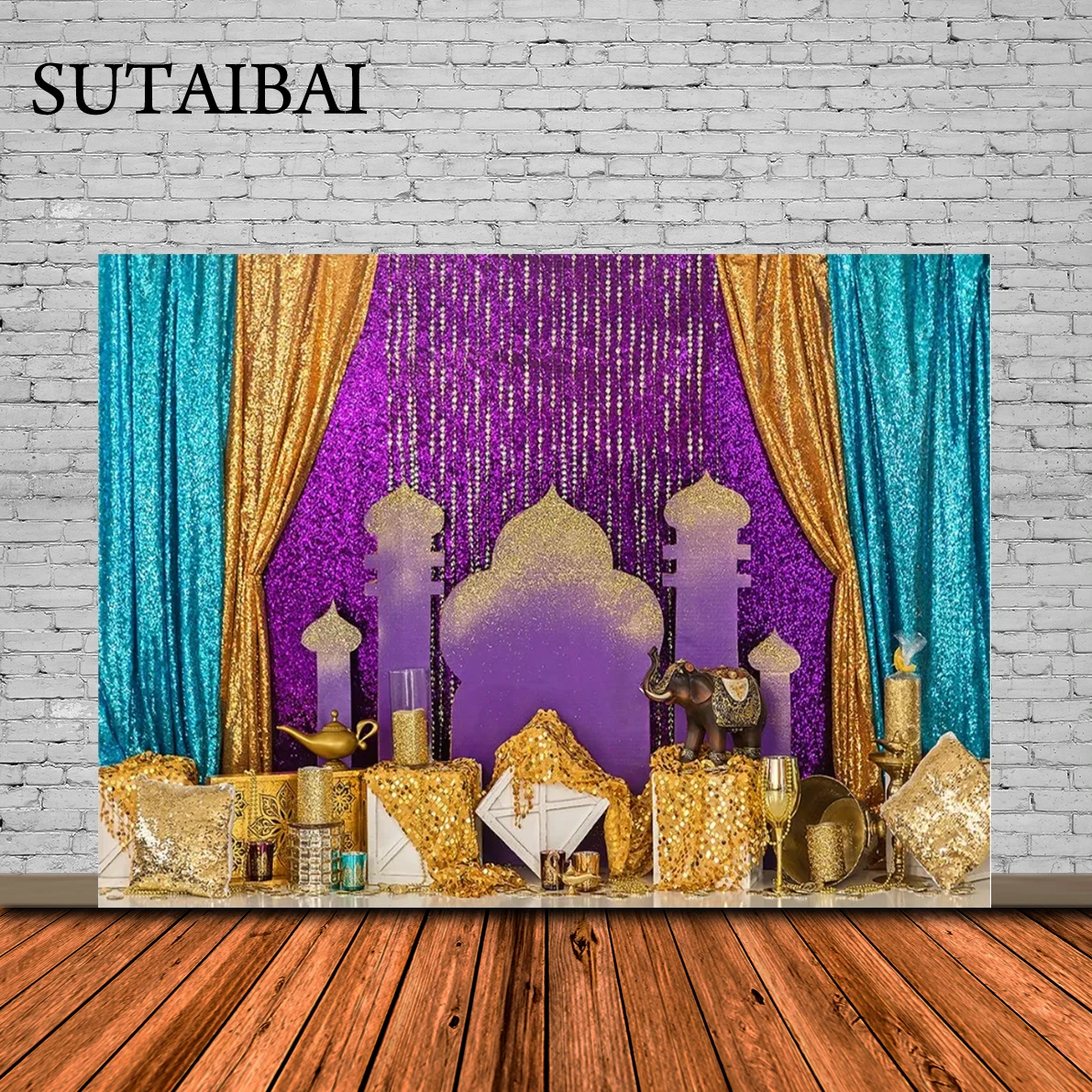 AIBIIN India Arabian Moroccan Nights Photography Backdrop Gold Star Glitter Palace Decor Magic Genie Theme Background Diwali Party Banner Photo Booth Props 7x5ft