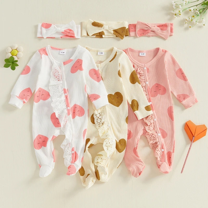 Baby Girls Footies Rompers Valentine's Day Clothes Heart Print Long Sleeve Lace Ruffles Infant Bodysuits with Headband 0-18M