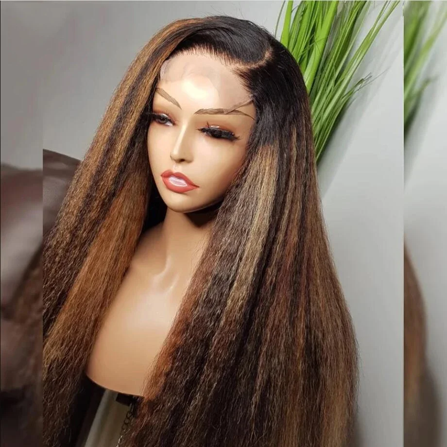 

180 Density Ombre Brown 26" Yaki straight Lace Front Wigs For Black Women PrePlucked With Baby Hair Lace Frontal Wigs Black Wig