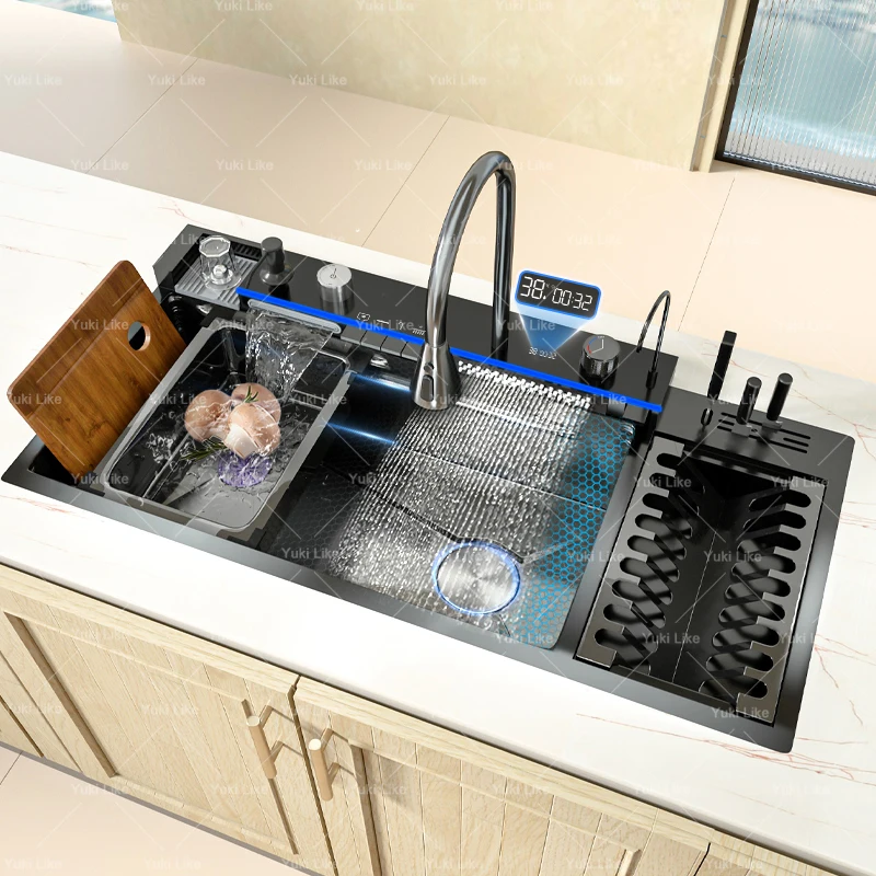ใหม่สแตนเลสน้ําตกอ่างล้างจานพร้อมDraining Rackนูนขนาดใหญ่พิเศษSingle Slotดิจิตอลจอแสดงผลล้างจานอ่างล้างจาน 1