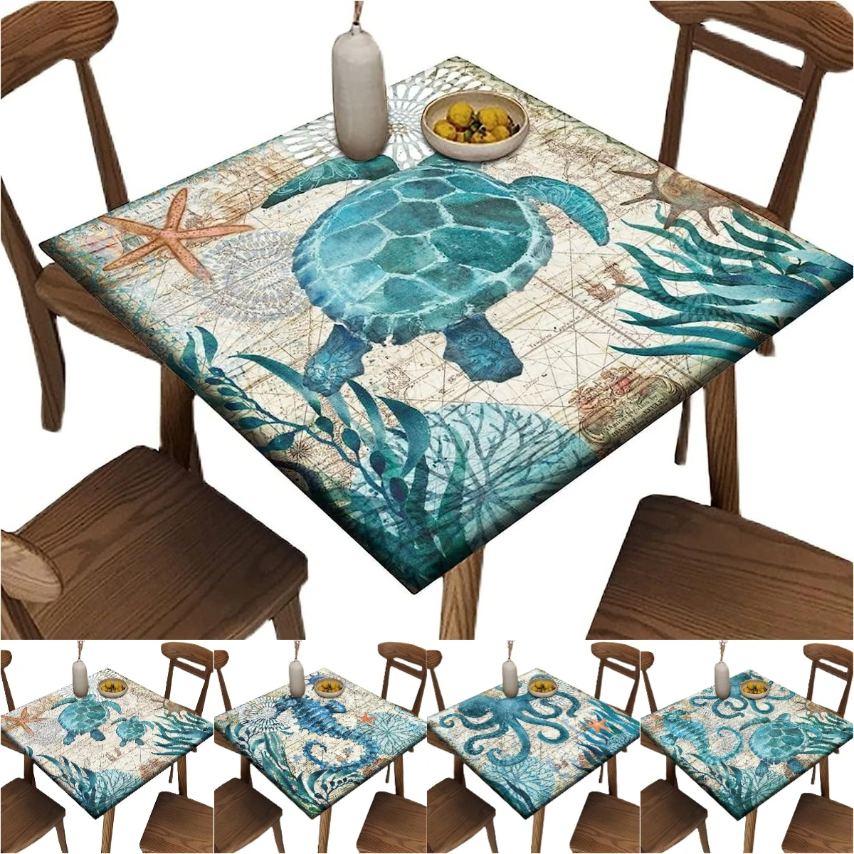 Ocean Turtle Fitted Square Tablecloth Elastic Edge Table Covers Waterproof Dining Room Tablecloth Decor Party Table Decoration