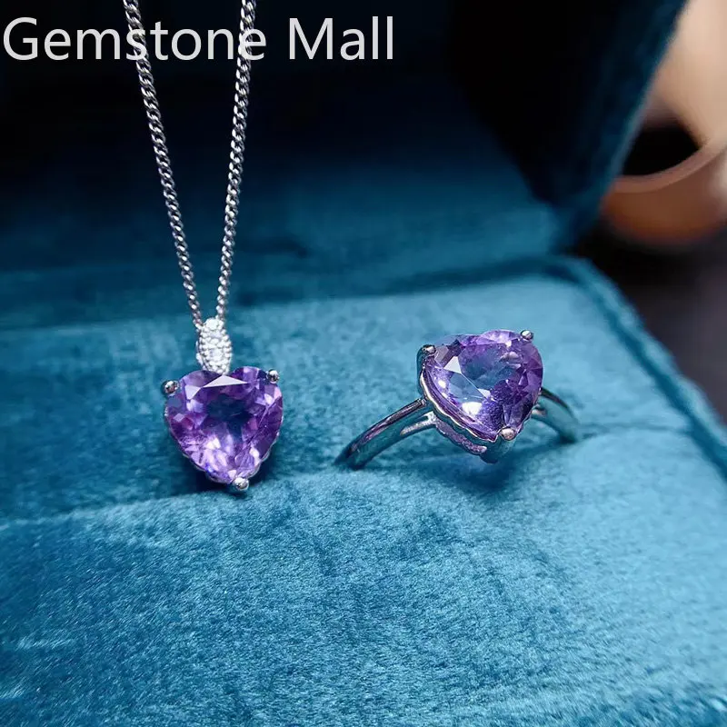 

Crystal Clear Amethyst Ring and Pendant 8mm Total 3ct Natural Amethyst Jewelry Set 18K Gold Plating 925 Silver Gemstone Jewelry