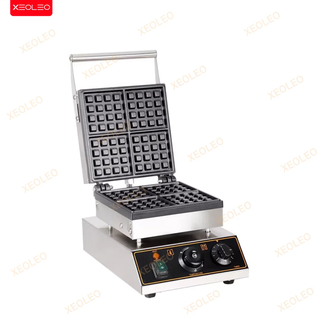 XEOLEO Commercial Waffle Maker 4PCS Square Shape Waffle Machine 1600W Waffle Iron Baker Non-Stick Coating Egg Bread Machine 5