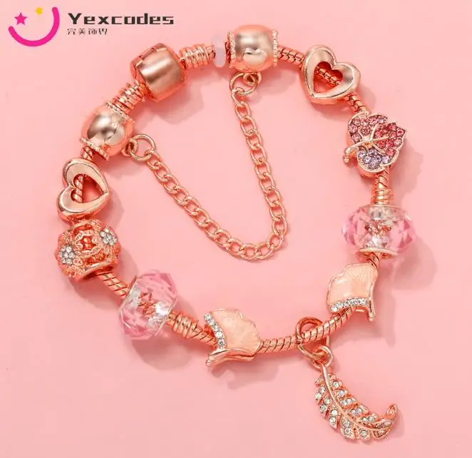 

Women's Chrms Bracelet Rose Gold. Peach Heart Gradient Leaf And Apricot Leaf Crystal Beads Fine Brand Bracelet Women's Jewelry