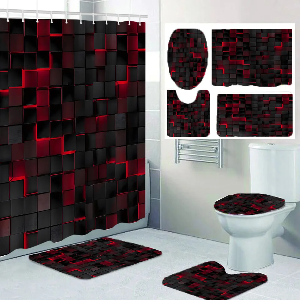 Set Bagno 4 Pezzi Con Tenda Doccia 180x180 Cm, Tappeto Antiscivolo, Copriwater E Tappeto U, Morbido E Colorato, Con 12 Ganci