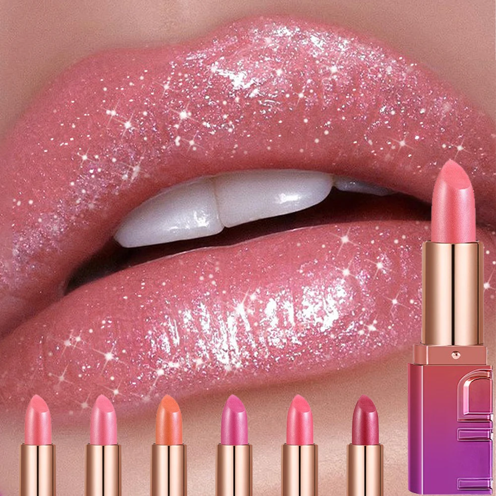 Schimmernder, perlmuttfarbener, glänzender Lippenstift mit goldenem Glitzer, hochpigmentiert, metallisch-glänzend, diamant-glamourös, luxuriös, kräftiger Glitzer-Lippen-Make-up_voghion.com