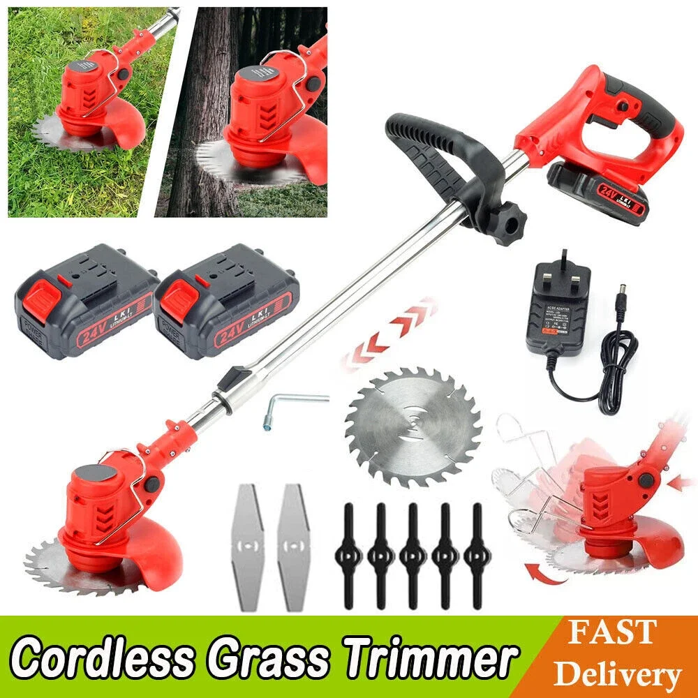 Electric Cordless Grass String Trimmer Lawn Edger Portable Weed Wacker Cutter Foldable Adjustable Garden Cutter with 2 Battery