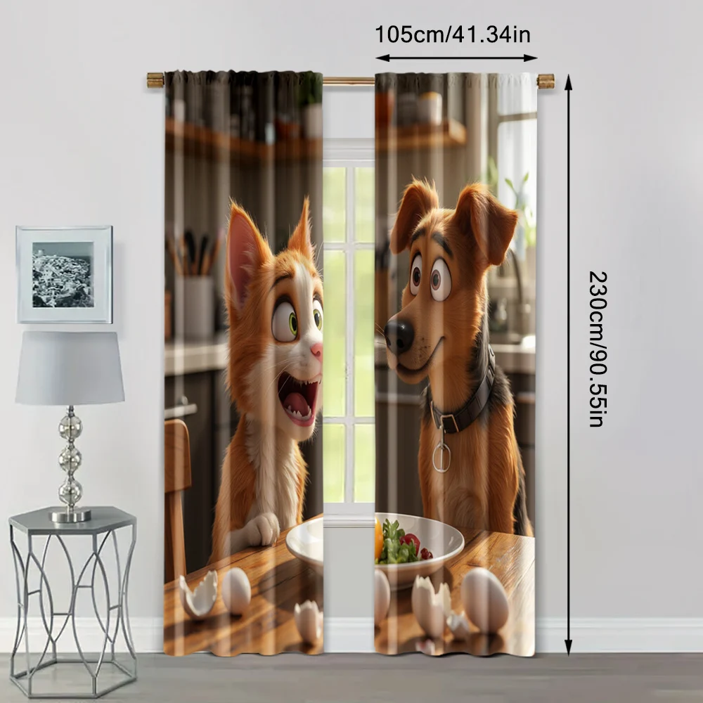 2pcs, Contemporary Curtains 2D print Surprised Dog & Cat with Eggs Machine Washable Polyester (without rod) Home Decor Use for 4