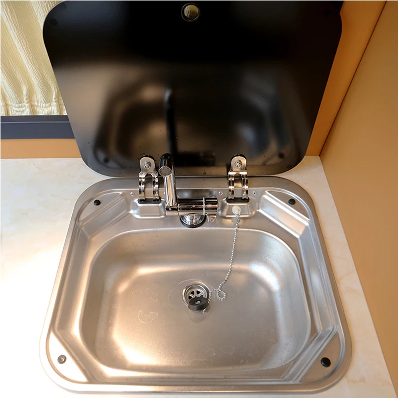 RV Camping 304 Stainless Steel Wash Basin Sink with Tempered Glass Square Flap Camping Accessories Suitable for Caravans Parts 1pcs kitchen basin square round overflow hole sink overflow head wash basin overflow round square interface kitchen sink parts