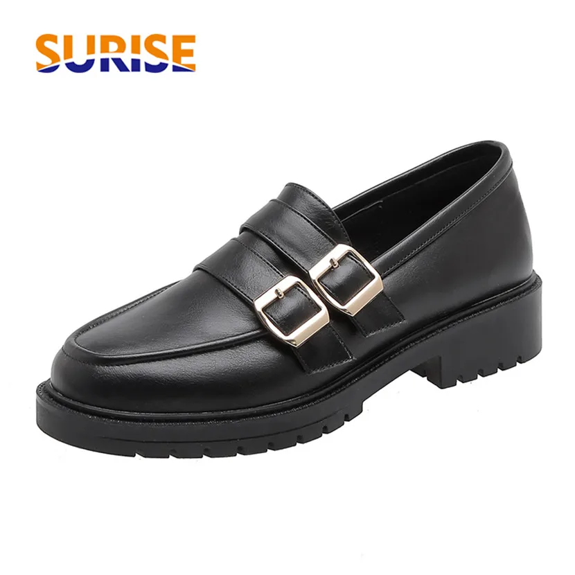 

Plus Size Women Loafers Red Black Microfiber Office Dress Lady Double Buckles Moccasins British Slip On Round Toe Platform Flats
