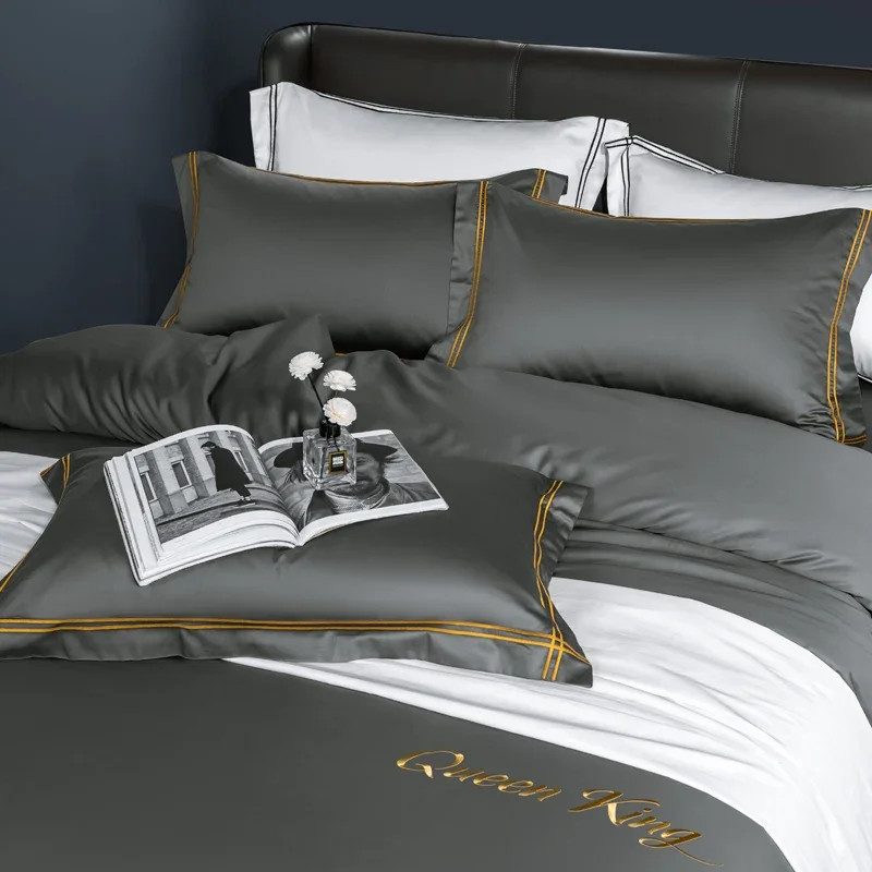 

Luxury Embroidery Solid Color 600TC Cotton Hotel/Home Bedding Set Bed Linen Duvet Cover Pillowcase Single King Queen Size #/