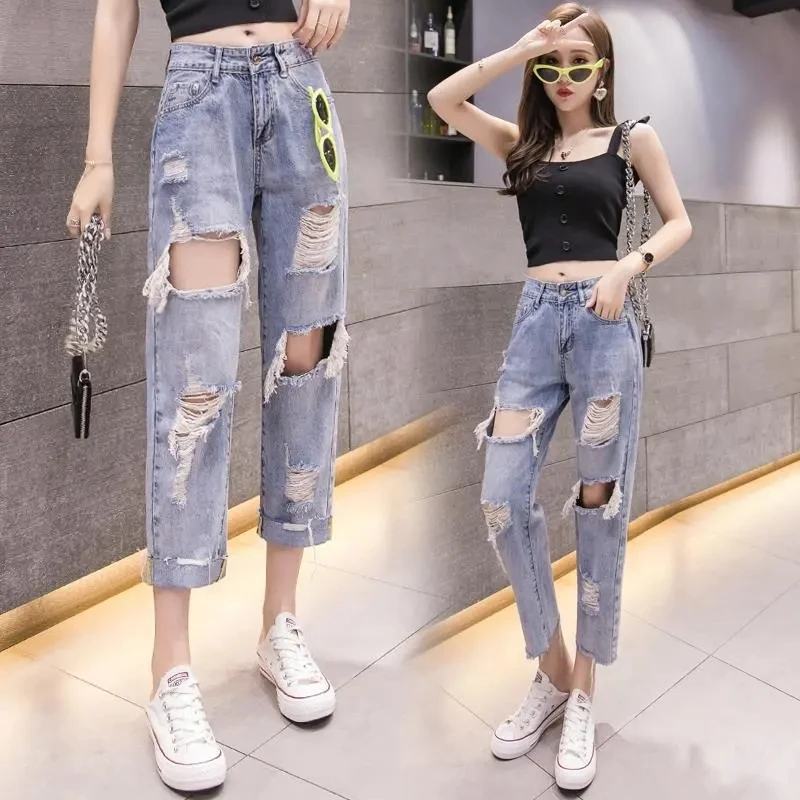 

Hole Jeans Women's High Waist Ankle-Length Pant Spring Summer New Femme Denim Ripped Pants Boyfriend Streetwear Beggar Pants
