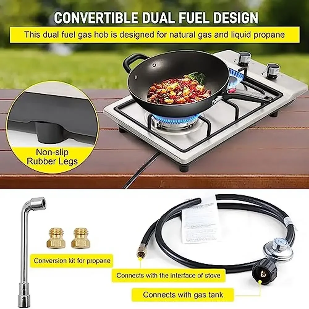 12" Stainless Steel Dual Fuel Gas Cooktops 2 Burner Propane/Natural Gas Stove Drop-in Easy to Clean Top with Electric Ignition