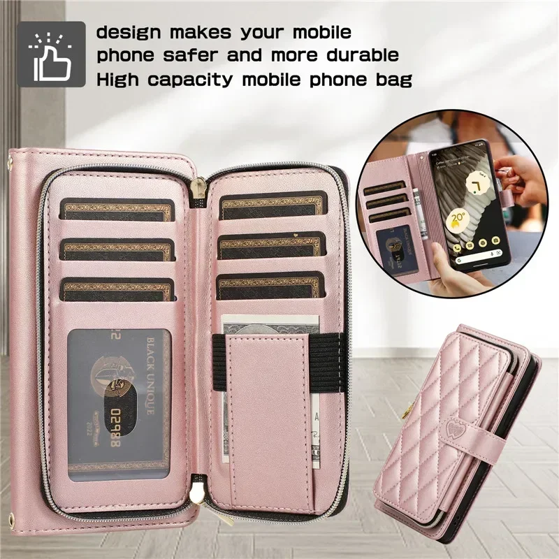 Long Lanyard Zipper Leather Wallet Card Phone Case for Google Pixel 8 Pro 7A 7 6A 6 Pixel8 Pixel7A Pixel6A Wrist Rope Flip Cover