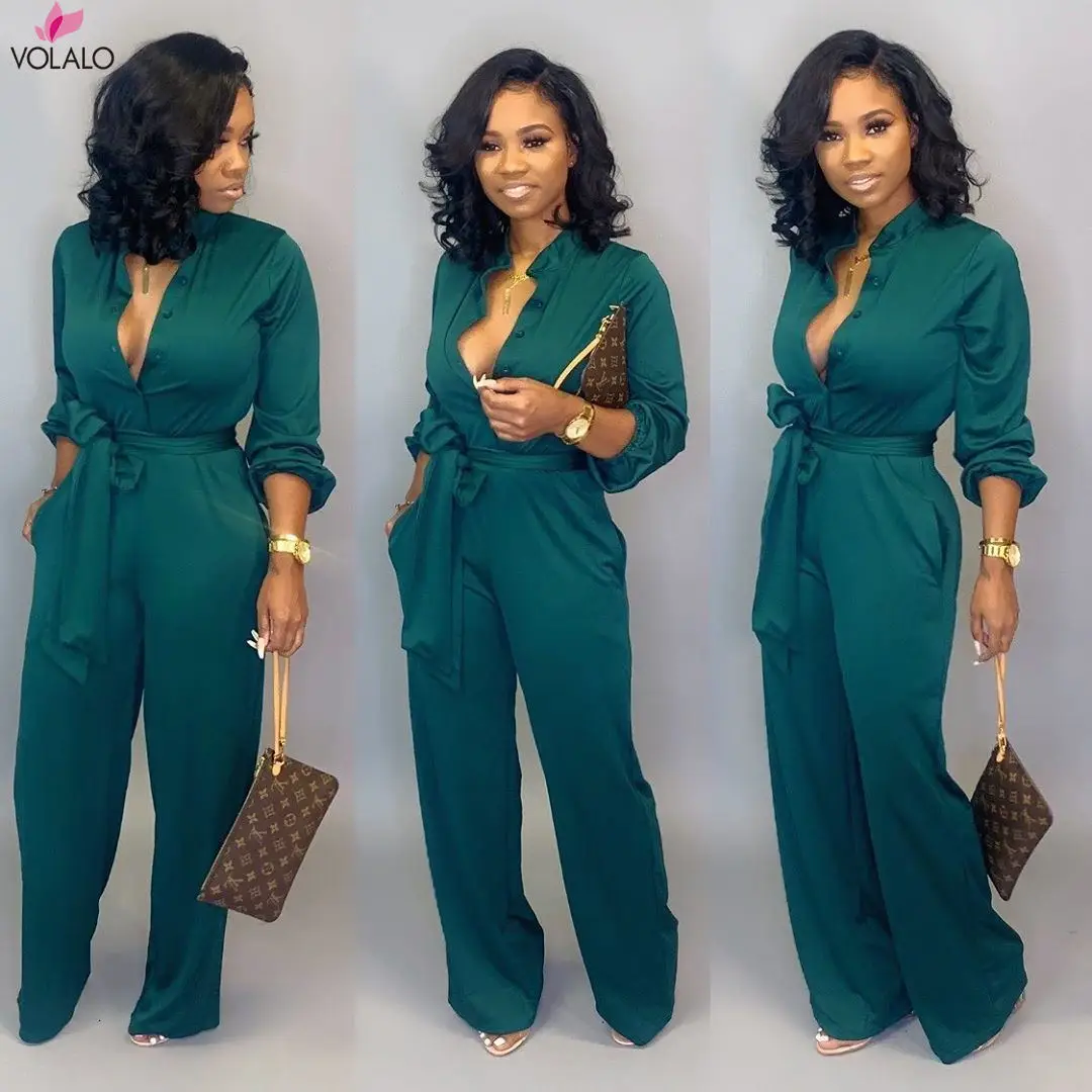 

VOLALO 2023 New Arrival Office Lady Straight Jumpsuits Bright Color Belt Turn-down Collar Street Wear Soft Bodcyon Rompers