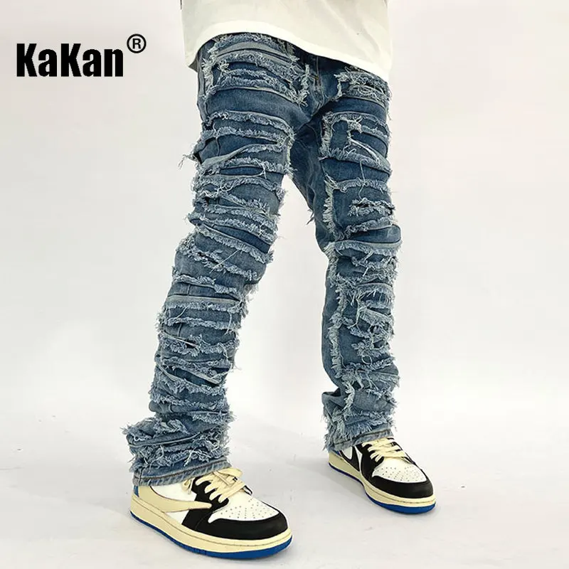 

Kakan - New High Street Washed Cat Beard Harlan Patch Jeans for Men, Worn Out Slim Fit Slim Feet Men's Pants Jeans K27-g37