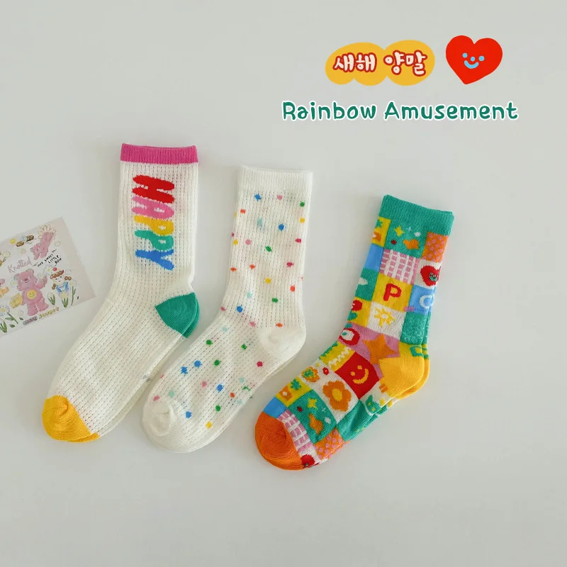 11 Colors Children Socks Spring And Summer Socks Kids Boys Girls Rainbow Color Cute Trendy Socks Ventilation 3 Pairs/bag