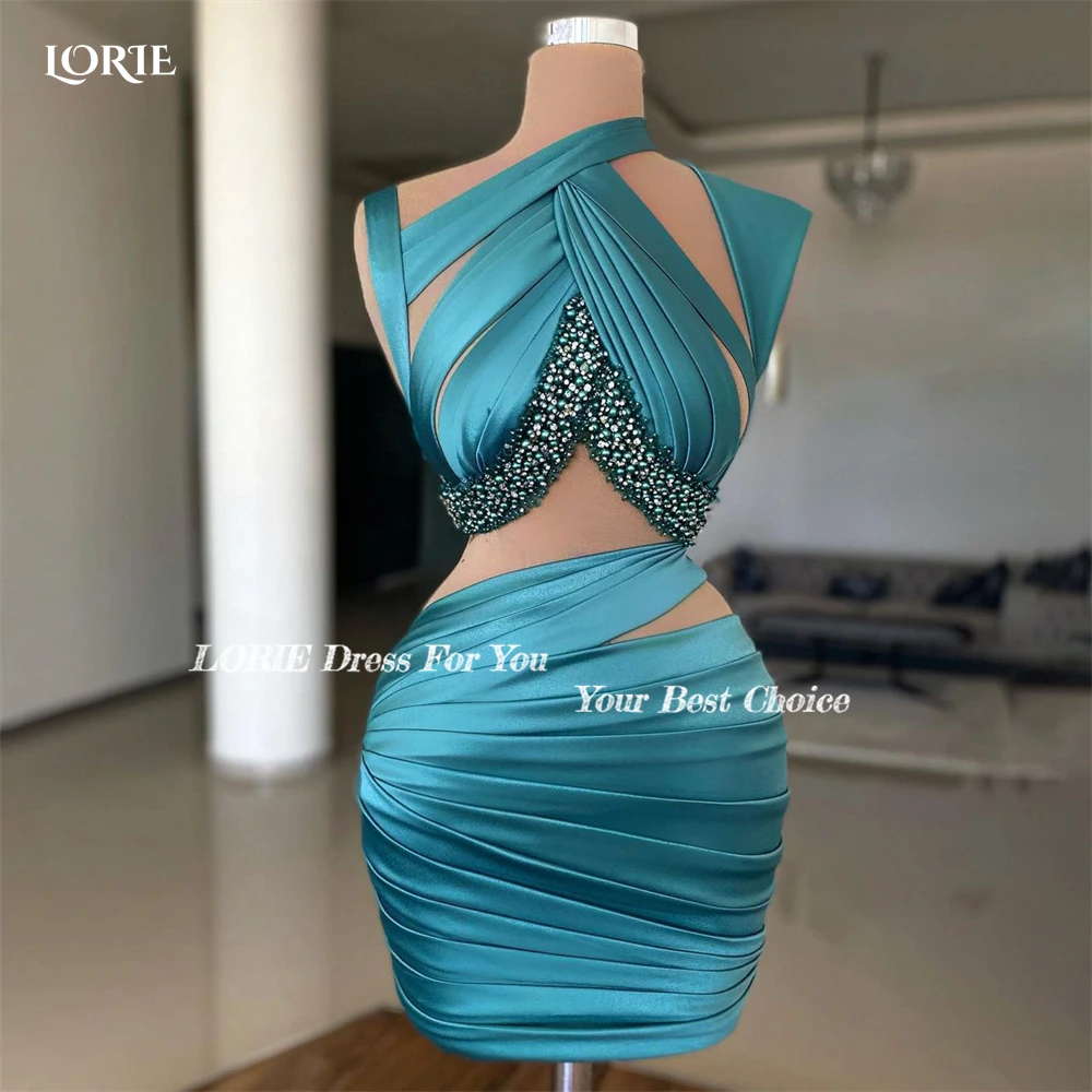 LORIE Tiered Pleats Cocktail Party Gowns Halter Pearls Mini Shiny Satin Dubai Evening Dresses Saudi Arabia Ruched Clubbing Dress
