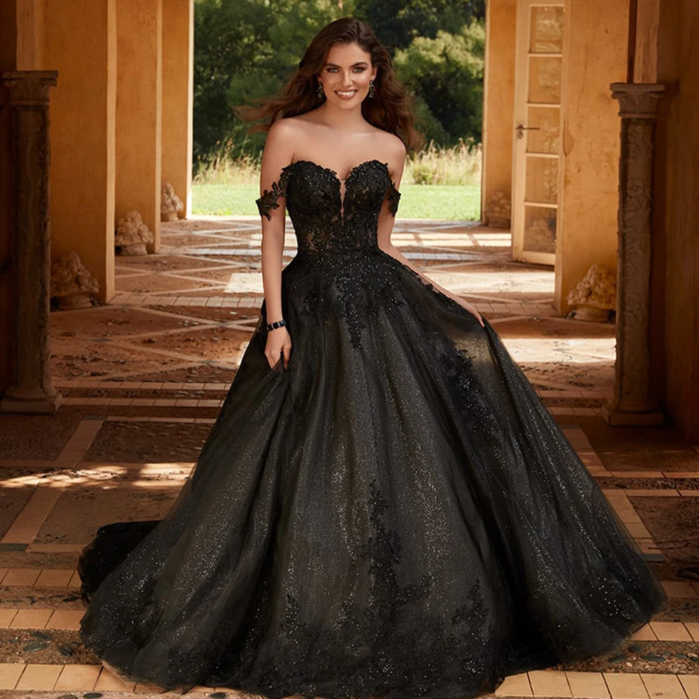 Elegant Black A-Line Wedding Dress Off Shoulder Sequin Lace Applique Bridal  Gown | eBay