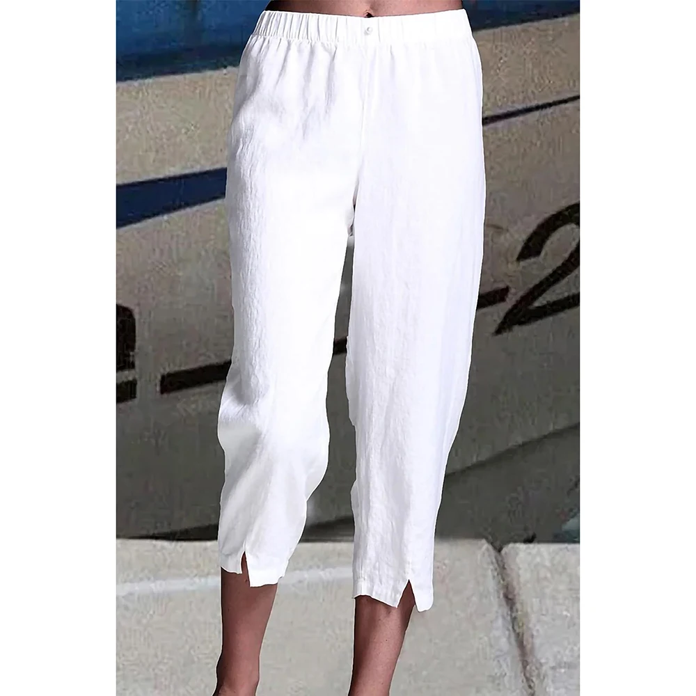 Plus Size Casual White Cotton And Linen Elastic Waist Split Hem Cropped Pants