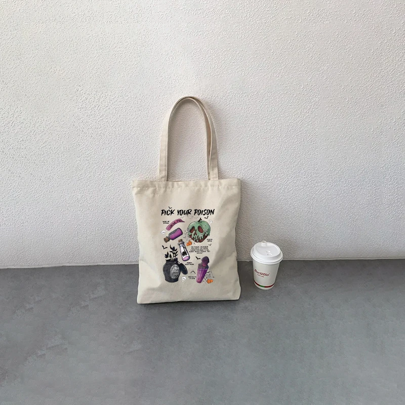 Pick Your Poison Printed Canvas Tote Bag Eco-friendly Reusable Shopping Bags Retro Casual Shoulder Bags New Halloween Party Gift