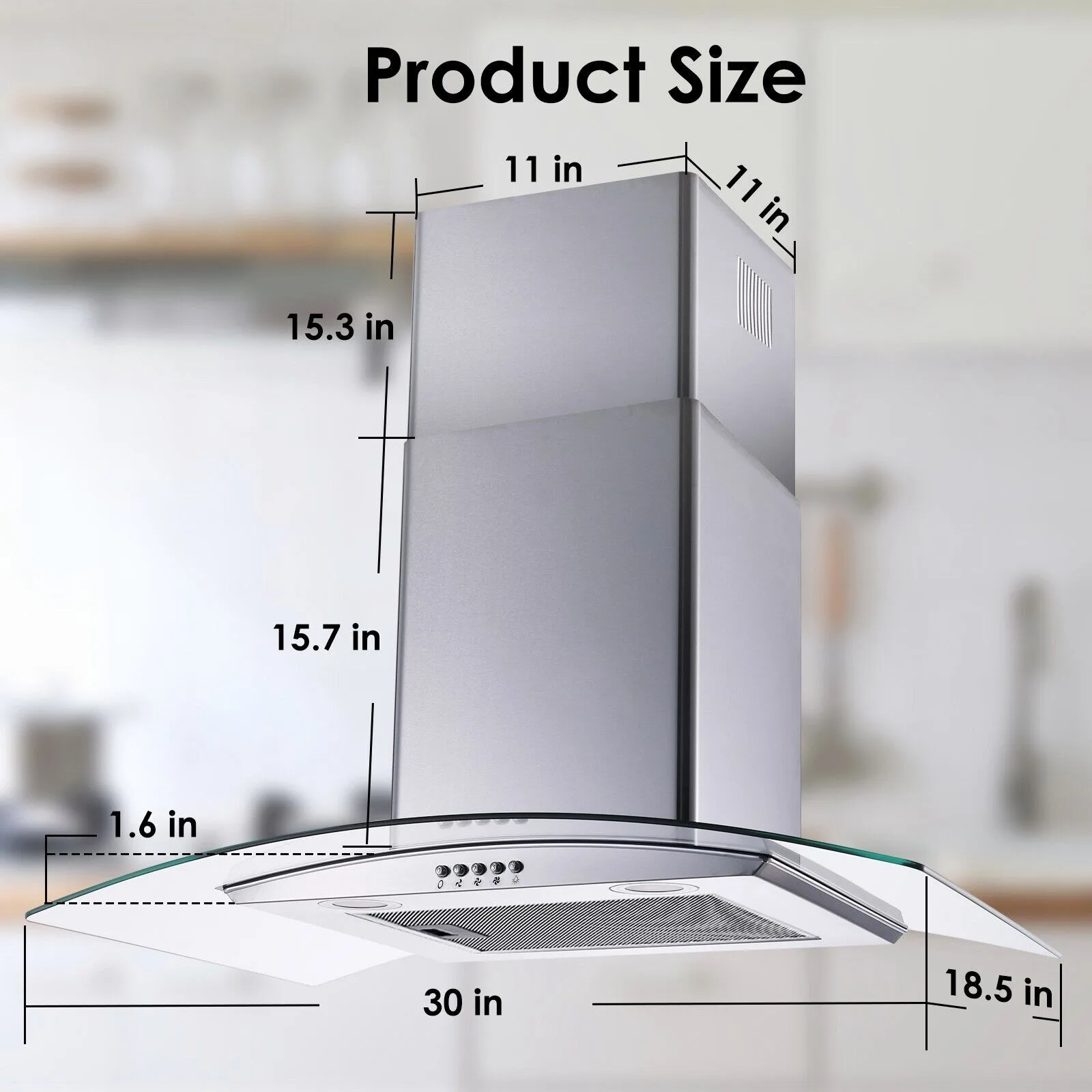 Tieasy 30 inch 450CFM Kitchen Wall Mount Tempered Glass Vented 3-Speed Fan Range Hood USGD3375A 3