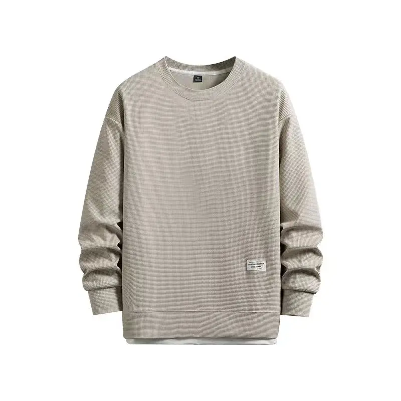 Spring and Autumn New Men's Fashion Solid Color Waffle Sweatshirt Round Neck Long Sleeve Casual Sports Hoodie Street Wear