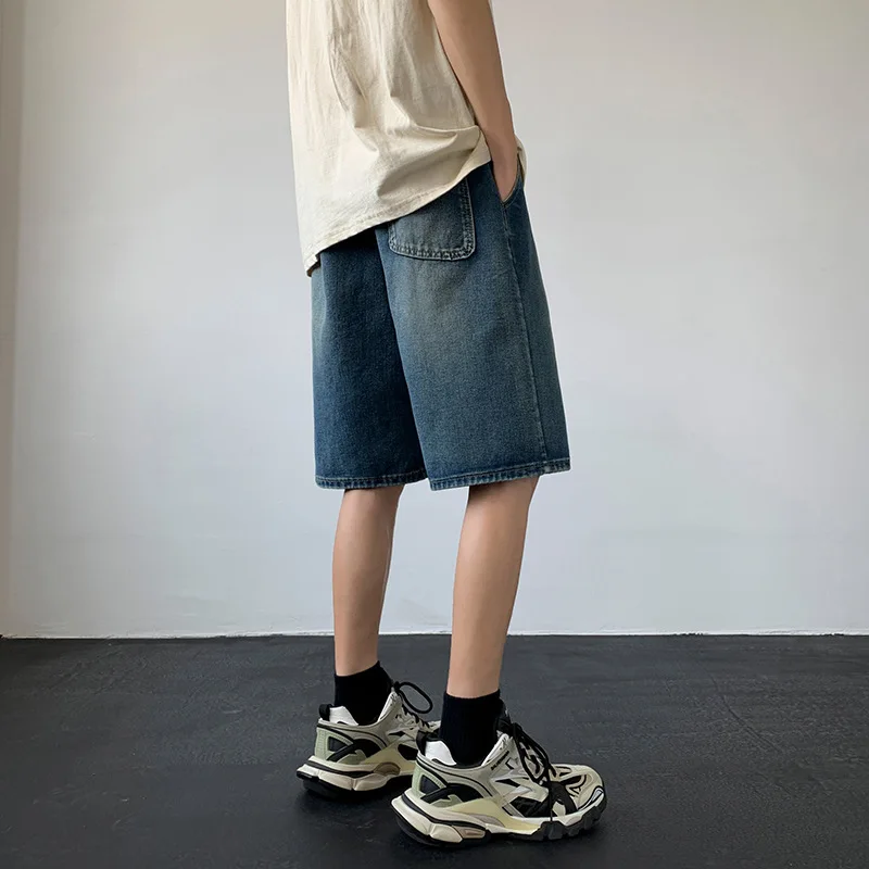 Summer Men Jeans Short Male Loose Drawstring Straight Pants Harajuku Port Style Leisure Trend Mens Oversized Black /black S-3xl