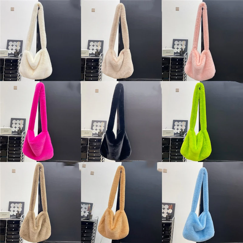 2000s Y2k Hot Girls Candy Color Rose Pink Plush Crossbody Shoulder Bag Women Winter Harajuku Street Fashion Faux Rabbit Fur Bags