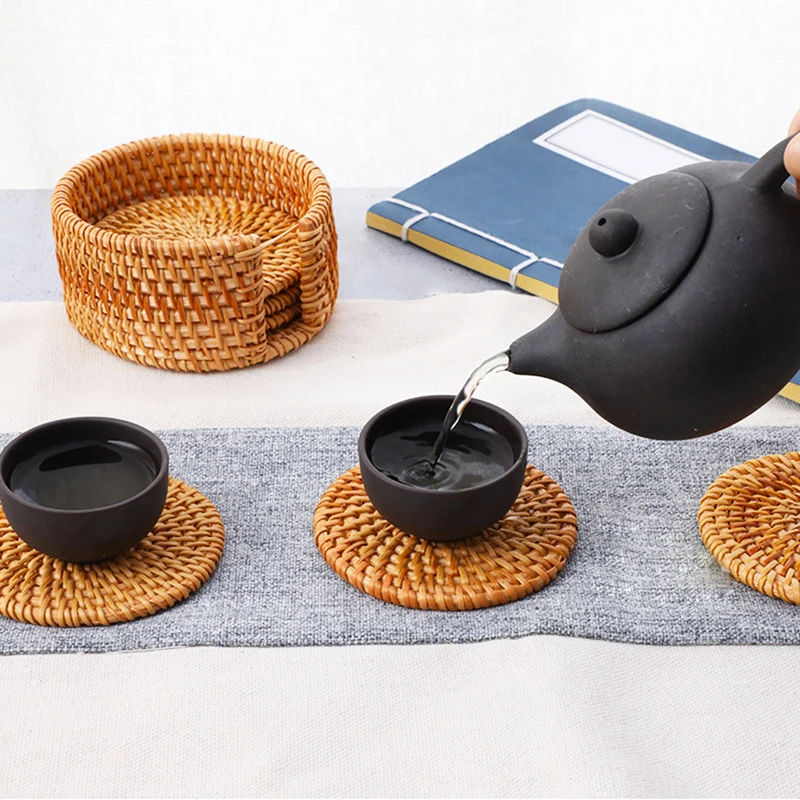 6Pcs Rattan Coasters Tableware Mats Handmade Tea Ceremony Tableware Set Japan Style Sado Supplies INS Style Desktop Decorations
