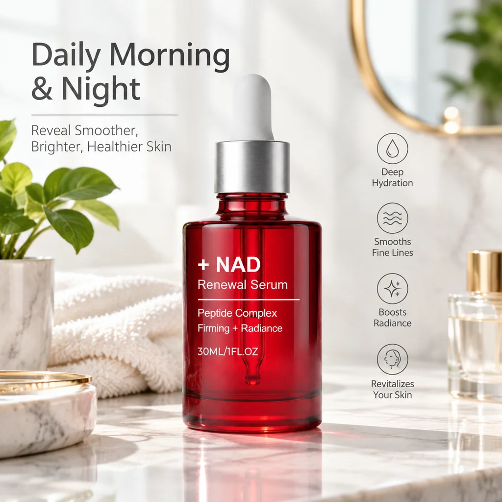 سيروم NAD+ لتجديد البشرة وشدها بالكولاجين والببتيدات النحاسية، مرطب وملء للبشرة ليلاً ونهاراً، يعزز إشراقة البشرة ويشدها