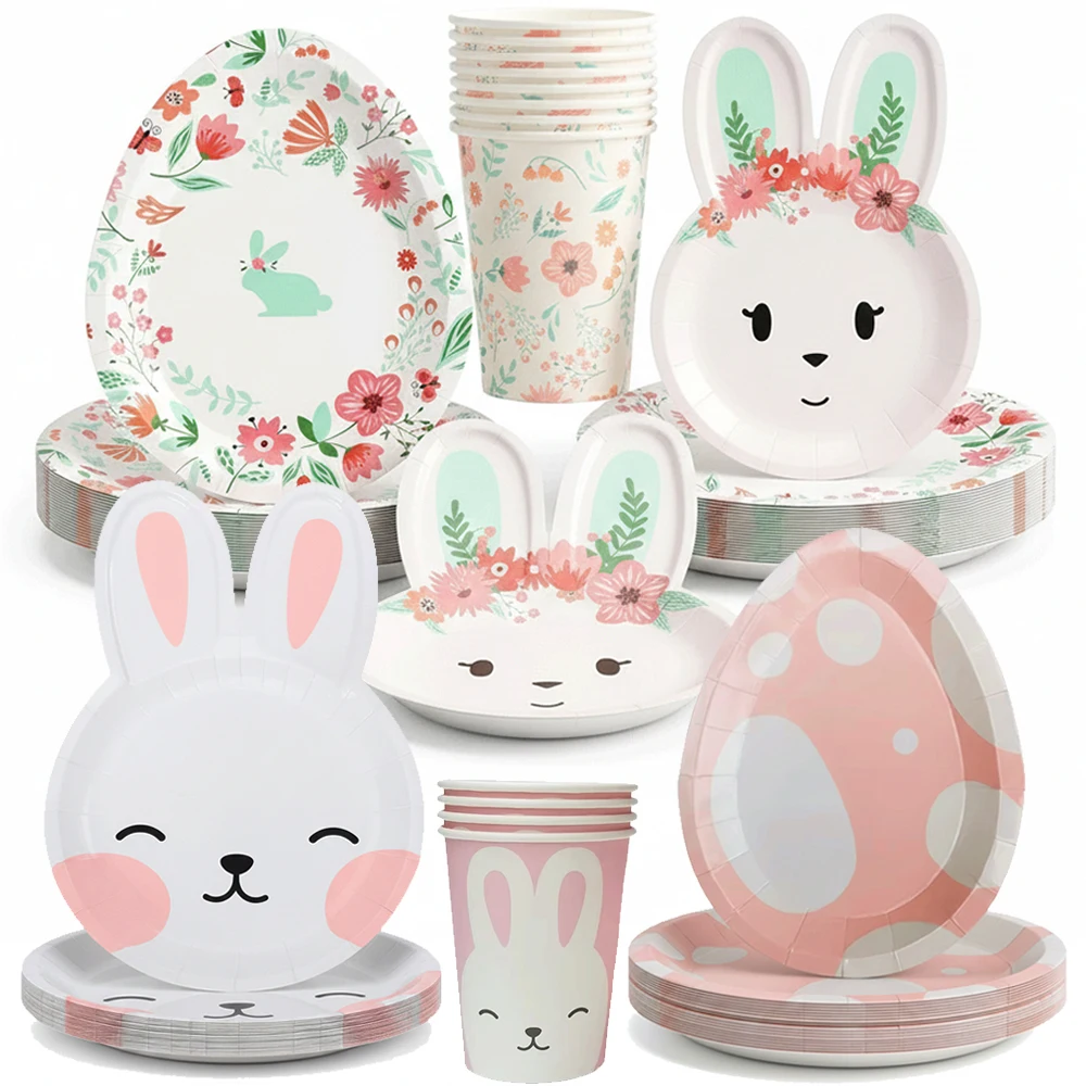 Niedliches Kaninchen-Einweggeschirr aus Papier, Haseneier, Teller für Frühling, fröhliche Osterdekorationen, Häschen-Thema, Geburtstagsparty-Zubehör