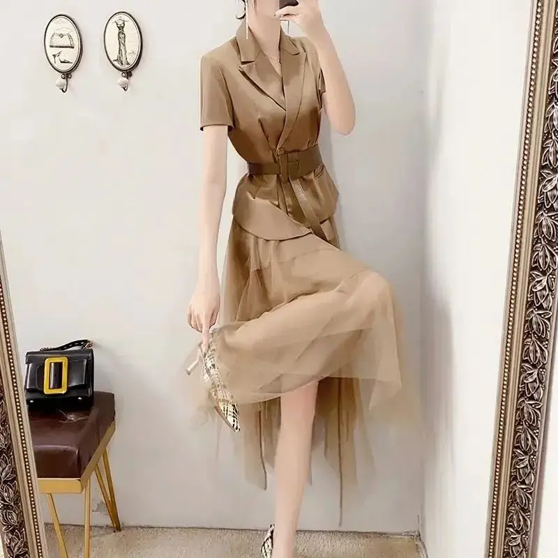 High End Socialite Suit Mesh Skirt Set for Women's Spring and Summer Professional Short Sleeved Waist Jacket Two-piece Set