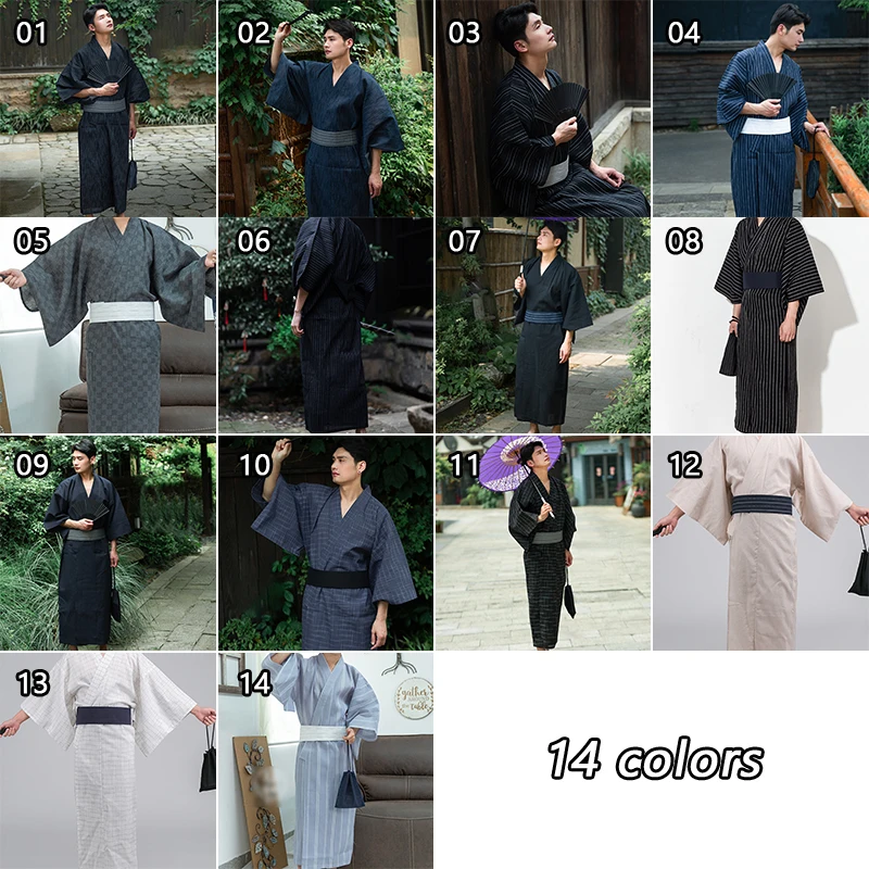 Traditional Japanese Kimono Samurai Costume Yukata Summer Men Long Robes With Belt Cotton Pajamas Set Male Sleepwear Bathrobe
