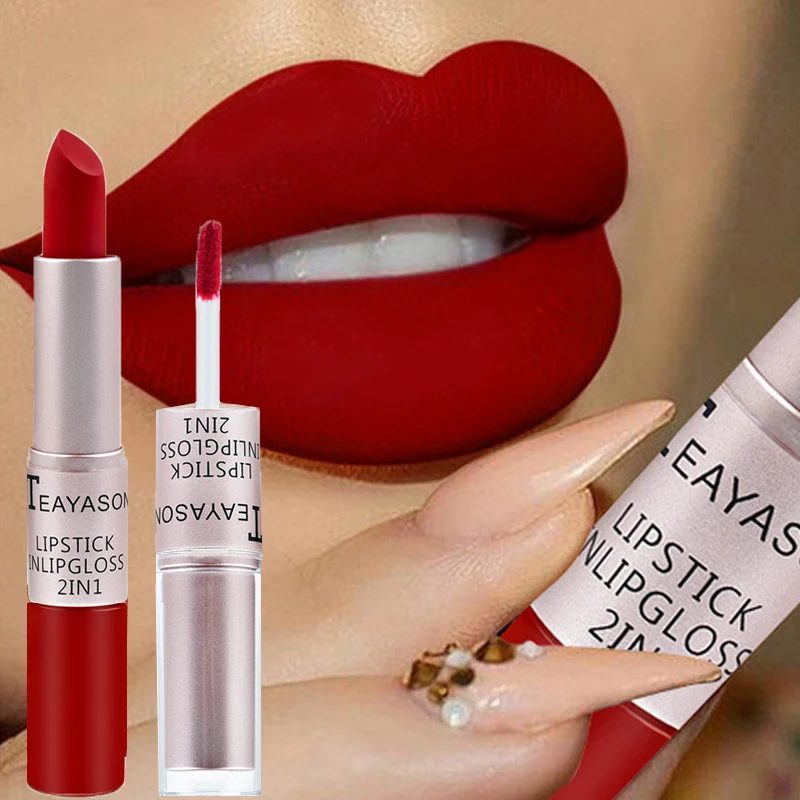 2-in-1 Matte Red Lipstick  Gloss - Long Lasting Velvet Waterproof Makeup