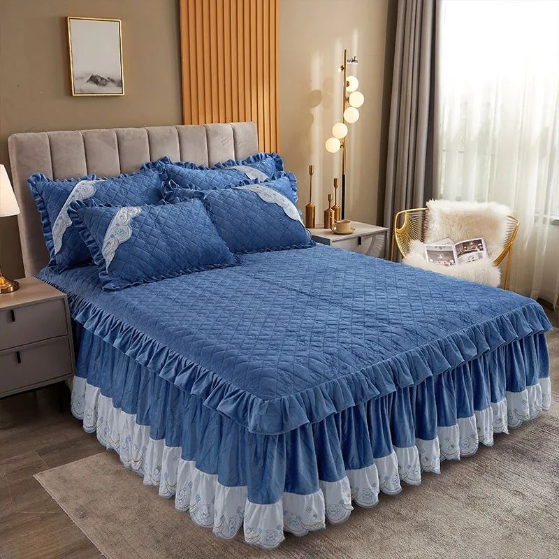 Luxury Thicken Velvet Quilted Bed Skirt King Queen Size Short Plush