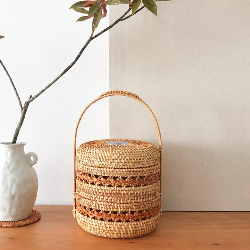 

Handmade rattan multi-layer retro food box snack box bamboo double outdoor basket tea set storage box tea cake box