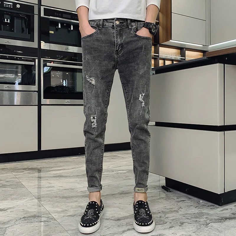 Denim Jeans Men's Korean Trendy Slim Feet 2022 Summer Thin Ripped Hole Wild Brand Casual Ankle Length Pants