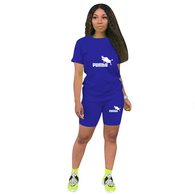 Summer Women Short Sleeve O-Neck Tee Tops+Pencil Shorts Suits Two Piece Set Tracksuits Outfit Graphic t shirts Ropa De Mujer Blue