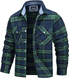 TACVASEN Oversize Lightweight Men's Cotton Plaid Shirt Jacket with Pockets - CN 2XL (US Plus L) (Green)