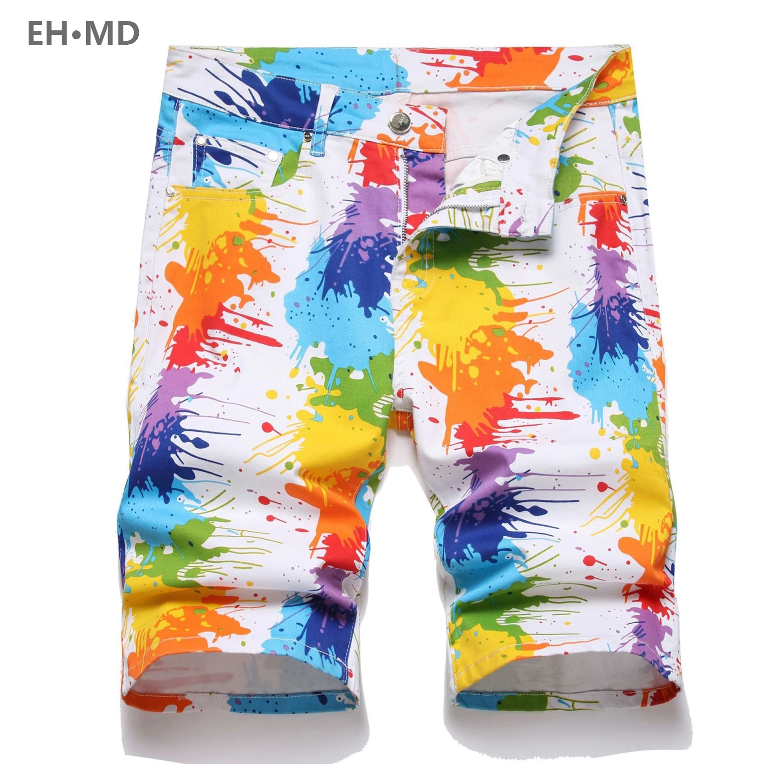 Short en jean graffiti pour hommes, poches pour documents, pantalon moyen respirant à haute élasticité, impression 3D portée, fermeture éclair, coupe arc-en-ciel, mode estivale