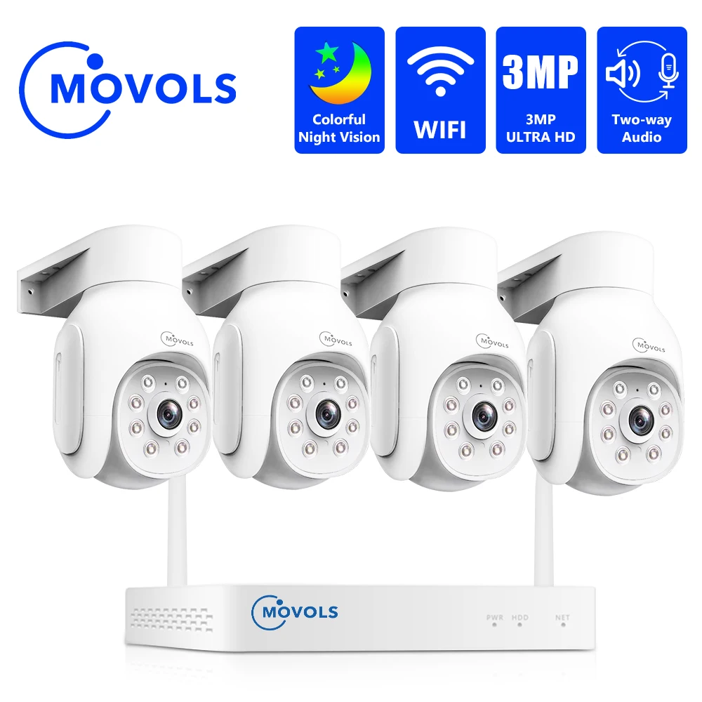 Movols 3MP PTZ 무선 보안 카메라 시스템 양방향 오디오 실외 IP 감시..